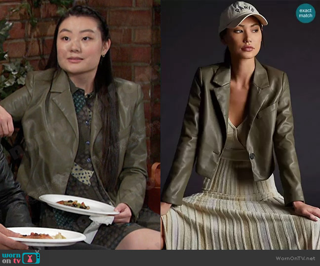 Avec Les Filles Cropped Faux Leather Jacket in Moss worn by Wendy Shin (Victoria Grace) on Days of our Lives