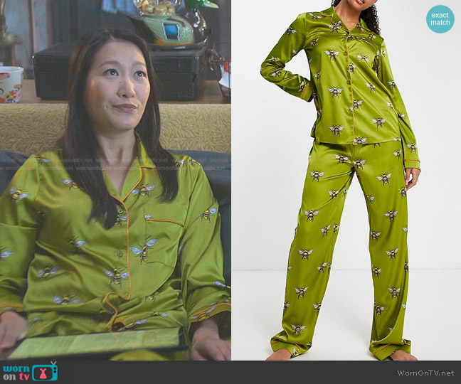 Chelsea Peers Premium Satin Bee Print Pajama Set in olive worn by Sumi (Kara Wang) on Good Trouble