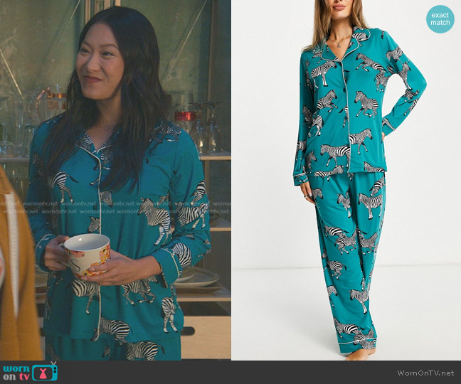 Chelsea Peers Jersey Revere Top And Trouser Pyjama Set In Turquoise Zebra worn by Sumi (Kara Wang) on Good Trouble