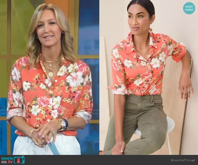 Chicos Sandwashed Satin Floral-Print Shirt worn by Lara Spencer on Good Morning America