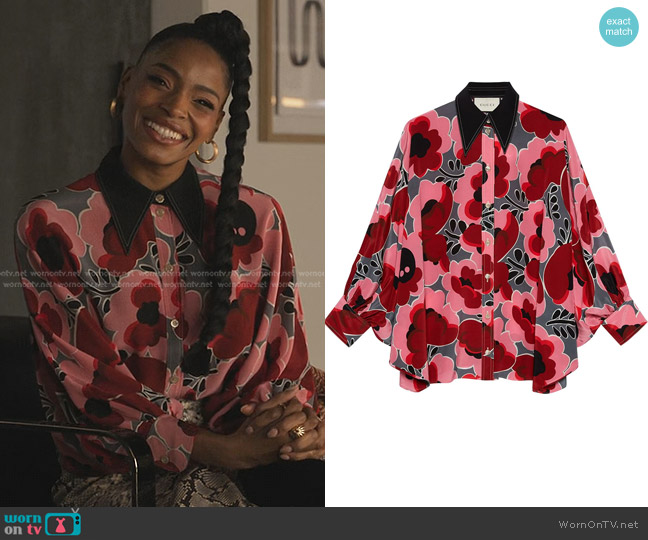Gucci Poppies Silk Shirt with Bow worn by Sasha Snow (Margaret Odette) on Sex/Life