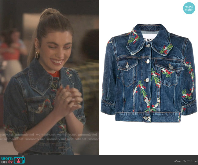 Ganni Floral-embroidered cropped denim jacket worn by Lauryn (Amelie Zilber) on Grown-ish