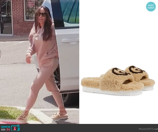 Interlocking G shearling slides by Gucci worn by Melissa Gorga on The Real Housewives of New Jersey