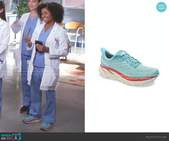 Hoka Clifton 8 Running Shoe in Aquarelle/Eggshell Blue worn by Simone Griffith (Alexis Floyd) on Greys Anatomy