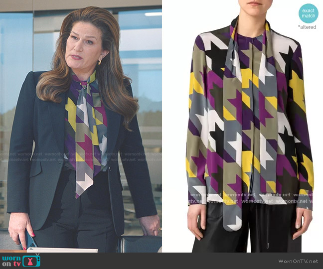 Akris Punto Houndstooth Check Tie Neck Silk Blouse worn by Katherine Hastings (Ana Gasteyer) on American Auto