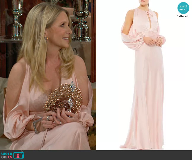 Ieena For Mac Duggal Cold Shoulder Gown in Salmon worn by Christine Blair Williams (Lauralee Bell) on The Young and the Restless