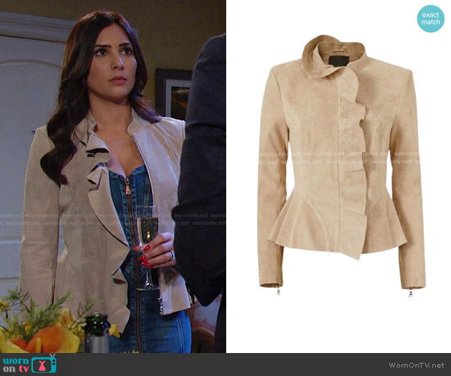 Intermix Dixon Suede Ruffle Jacket worn by Gabi Hernandez (Camila Banus) on Days of our Lives