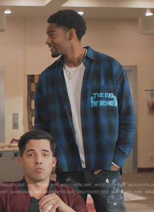 JR's blue checked embroidered shirt on All American Homecoming