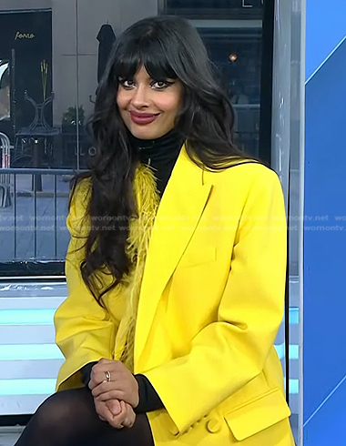 Jameela Jamil’s yellow feather trim blazer coat on Today