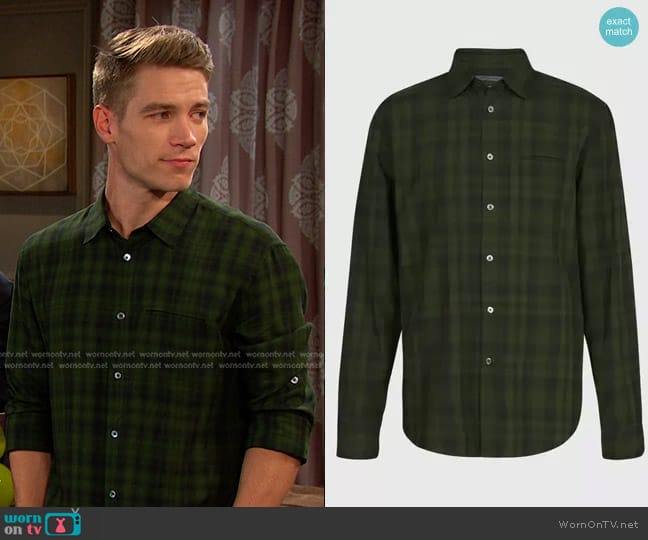 John Varvatos Slim Fit Shirt with Adjustable Sleeve in Bottle Green worn by Tripp Johnson (Lucas Adams) on Days of our Lives