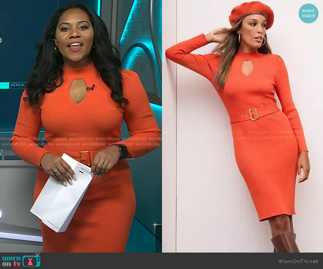 New York & Company Keyhole Cut-Out Ribbed Sweater Dress in Burnt Orange worn by Kay Angrum on NBC News Daily