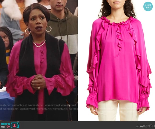 WornOnTV: Barbara’s pink ruffle blouse on Abbott Elementary | Sheryl ...