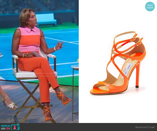 Jimmy Choo Lang Patent Strappy Sandal worn by Robin Roberts on Good Morning America