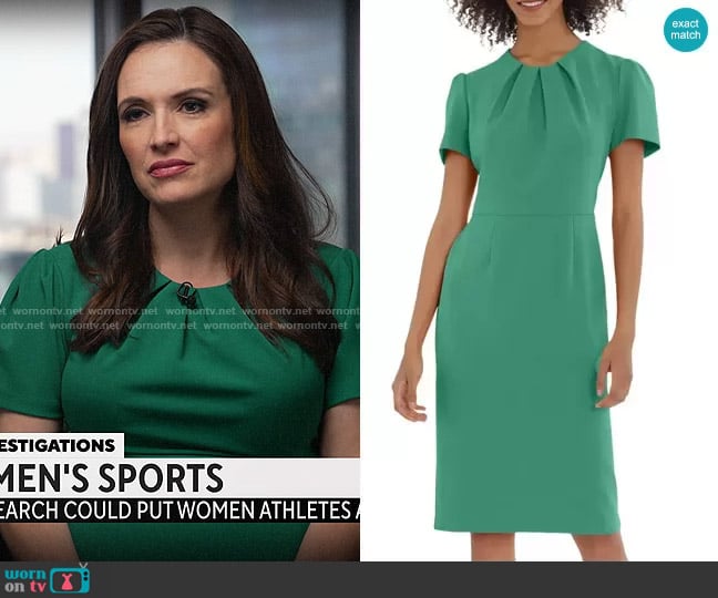 Maggy London Pleated Neck Short Sleeve Sheath Dress in Green Crush worn by Nikki Battiste on CBS Mornings