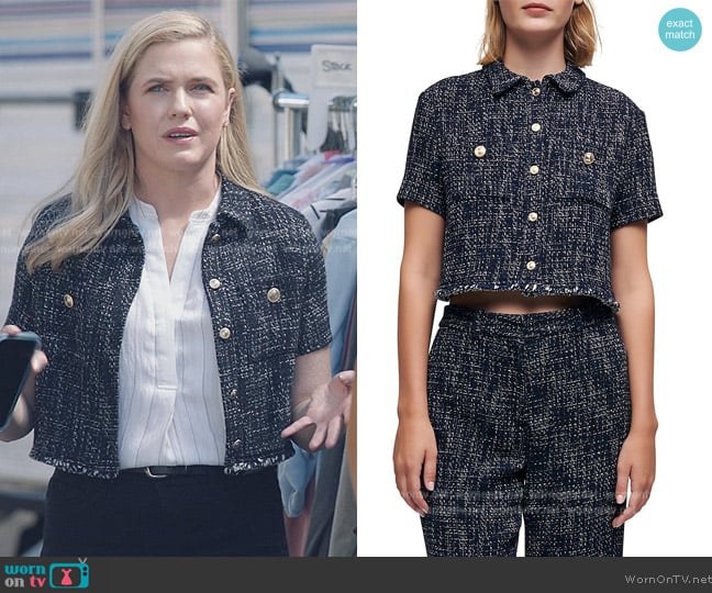 Maje Cropped Tweed Button-Up Shirt worn by Sadie Ryan (Harriet Dyer) on American Auto