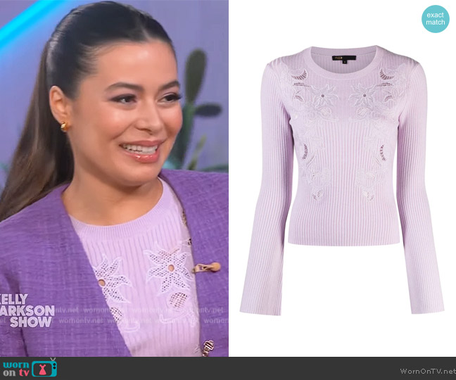 Maje Floral Embellished Knitted Top worn by Miranda Cosgrove on The Kelly Clarkson Show