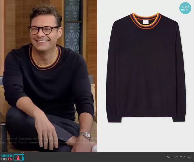 Paul Smith Merino Wool Sweater With Artist Stripe Ribbed Collar worn by Ryan Seacrest on Live with Kelly and Mark