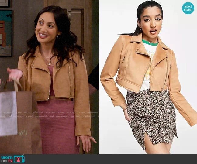 Miss Selfridge Suedette Zip Front Moto Jacket in Tan worn by Valentina (Francia Raisa) on How I Met Your Father