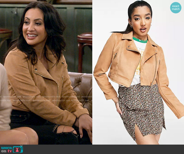 Miss Selfridge Suedette Zip Front Moto Jacket in Tan worn by Valentina (Francia Raisa) on How I Met Your Father