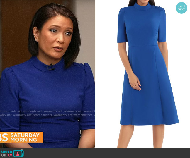 Donna Morgan Mock Neck Button Shoulder Fit & Flare Dress In Blue Sapphire worn by Elaine Quijano on CBS Mornings