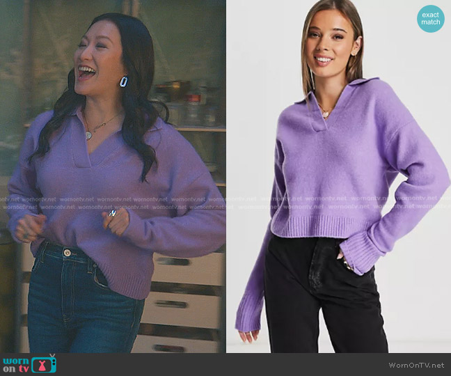 Monki Knitted Sweater with Collar in Lilac worn by Sumi (Kara Wang) on Good Trouble