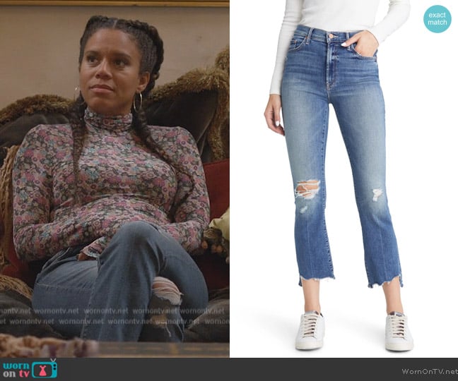 The Insider High Waist Crop Step Chew Hem Jeans by Mother worn by Fay (Grasie Mercedes) on Grand Crew