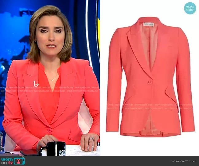 Alexander McQueen One-Button Jacket in Coral worn by Margaret Brennan on CBS Evening News