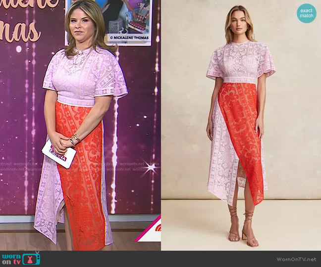 Pearl by Lela Rose Geometric Lace Asymmetrical Midi Dress worn by Jenna Bush Hager on Today