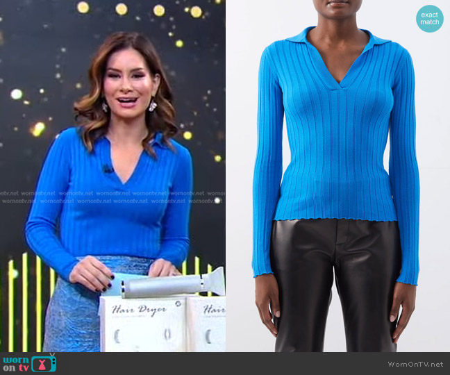 Petar Petrov Fiora Ribbed-Knit Merino Polo Top worn by Rebecca Jarvis on Good Morning America