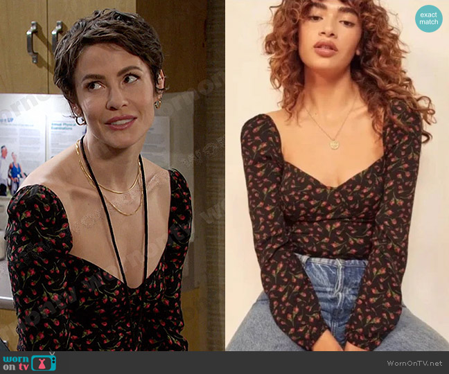 Reformation Reign Top in Mina worn by Sarah Horton (Linsey Godfrey) on Days of our Lives