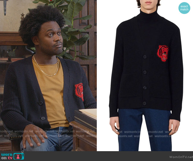 Sandro Tiger Patch Cardigan worn by Noah Koles (Echo Kellum) on Grand Crew