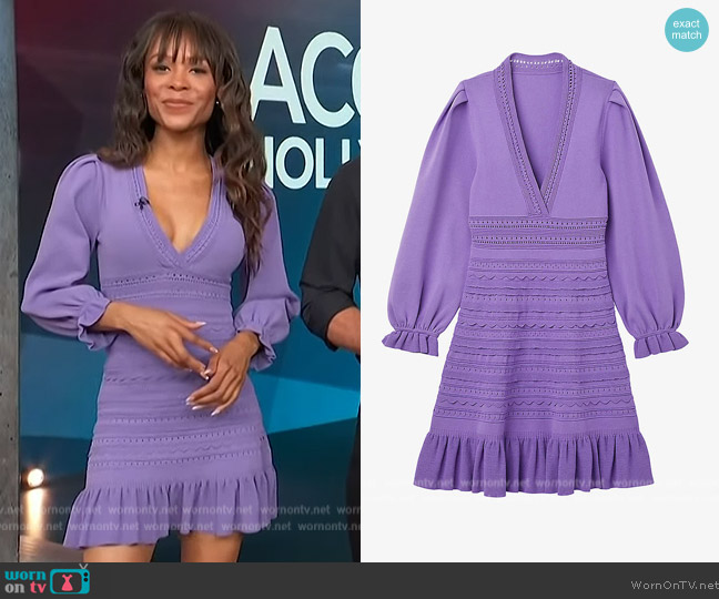 Sandro Ombre balloon-sleeved V-neck stretch-knit mini dress worn by Zuri Hall on Access Hollywood