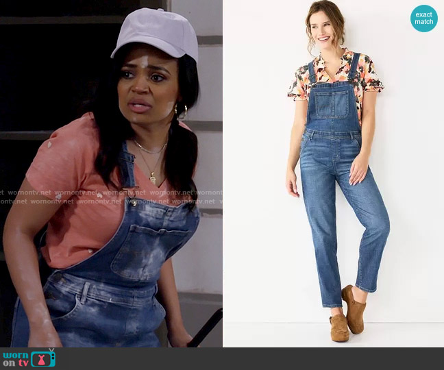 Sonoma Goods For Life Cropped Jean Overalls in Medium Wash worn by Randi (Kyla Pratt) on Call Me Kat