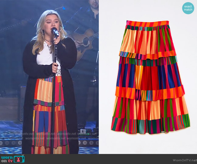 Farm Rio Sunset Stripes Viscose Midi Skirt worn by Kelly Clarkson on The Kelly Clarkson Show