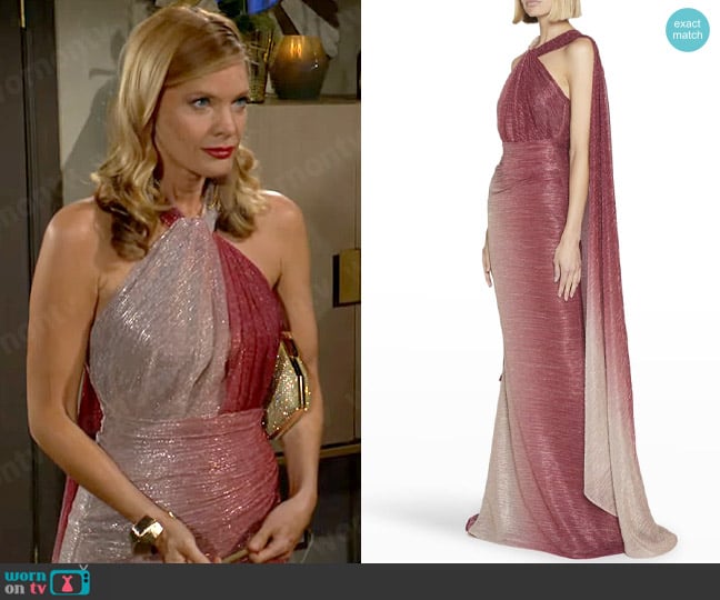 Talbot Runhof Twist Degrade Metallic Voile Cape Gown in Berry Red worn by Phyllis Summers (Michelle Stafford) on The Young and the Restless