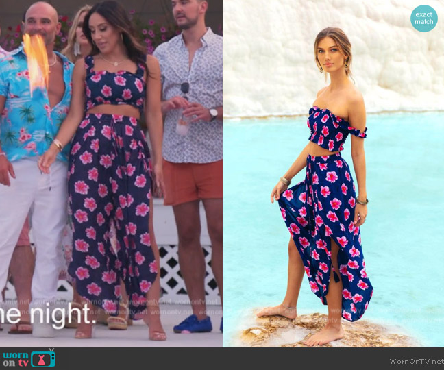 Tiare Hawaii Floral Top and Skirt Set in Midnight Aloha Floral worn by Melissa Gorga on The Real Housewives of New Jersey