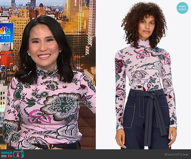 Tory Burch Kyra Turtleneck top in Pink Happy Times worn by Vicky Nguyen on NBC News Daily
