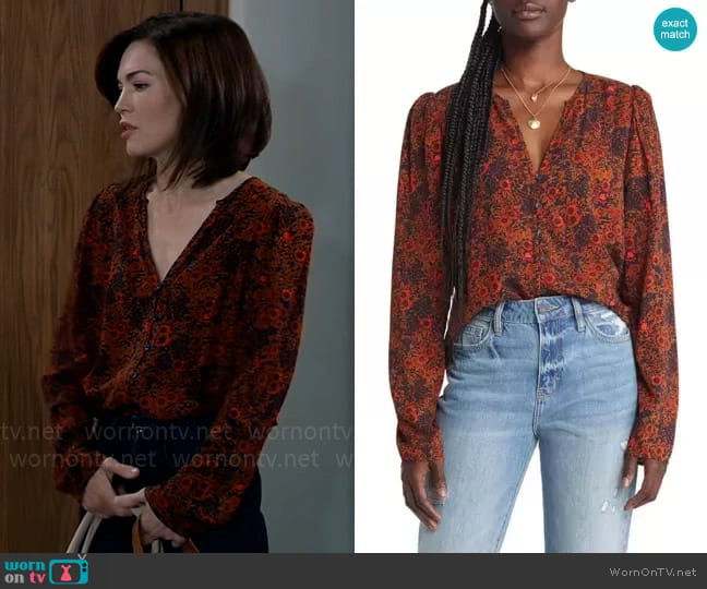 Treasure & Bond Floral Print Button Front Dobby Blouse in Navy Orange Mystic Floral worn by Elizabeth Webber (Rebecca Herbst) on General Hospital