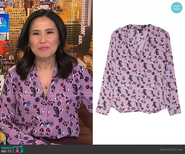 Halogen V-Neck Top in Purple Darota Floral worn by Vicky Nguyen on NBC News Daily