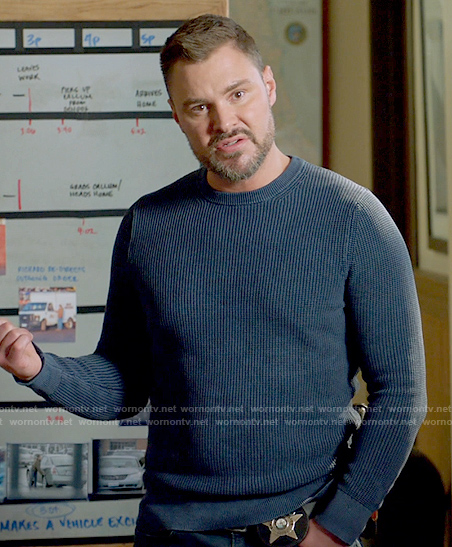 Adam’s blue textured pullover on Chicago PD