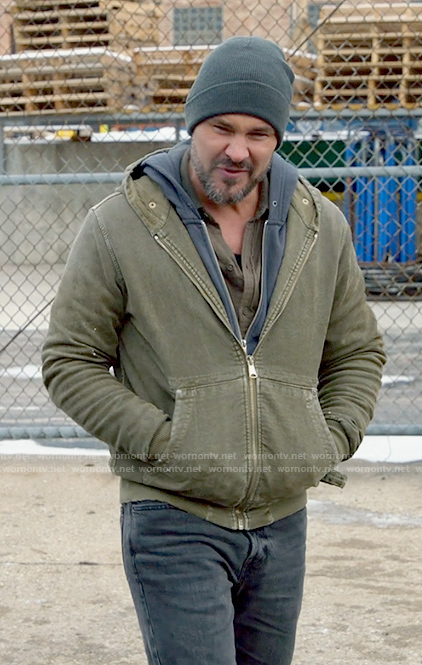 Adam's olive zip hooded jacket on Chicago PD