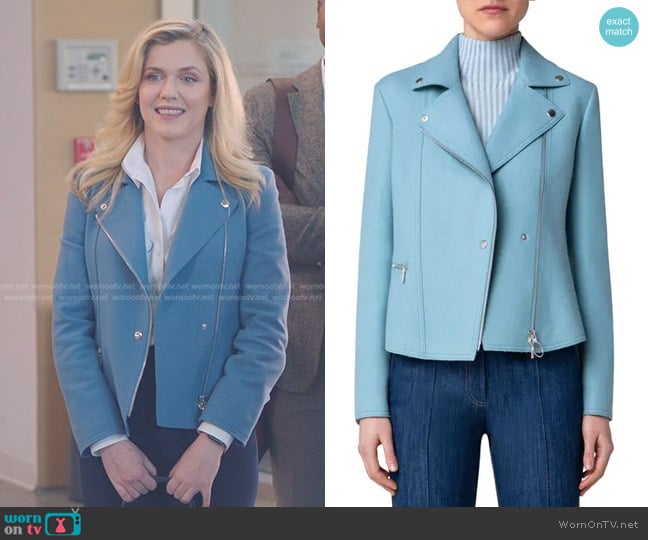 Akris Punto Asymmetric Wool Blend Crop Biker Jacket worn by Sadie Ryan (Harriet Dyer) on American Auto