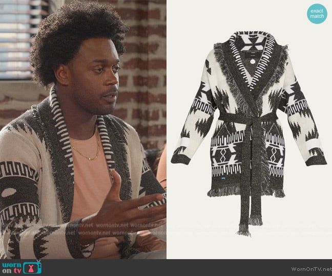 Alanui Geometric Cashmere Jacquard Belted Icon Cardigan worn by Noah Koles (Echo Kellum) on Grand Crew