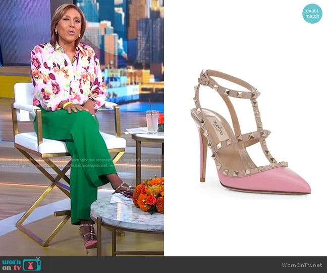 Valentino Garavani Rockstud T-Strap Pointed Toe Pump worn by Robin Roberts on Good Morning America