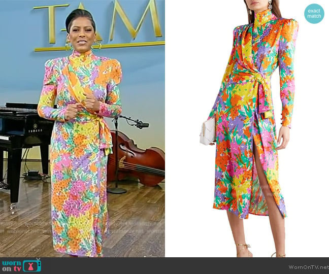 Alessandra Rich Draped Floral Print Jacquard Midi Dress worn by Tamron Hall on Tamron Hall Show