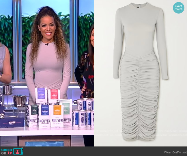 Alex Perry Presley ruched stretch-jersey midi dress worn by Sunny Hostin on The View