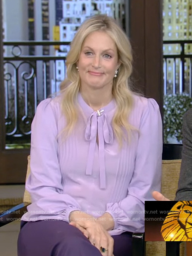 Ali Wentworth’s lavender tie neck blouse on Live with Kelly and Ryan