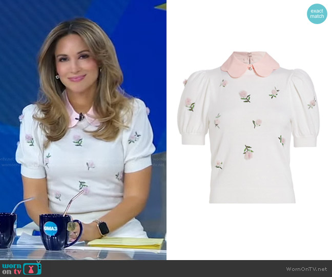 Alice + Olivia Chase Embellished Short Sleeve Stretch Wool Sweater worn by Rhiannon Ally on Good Morning America