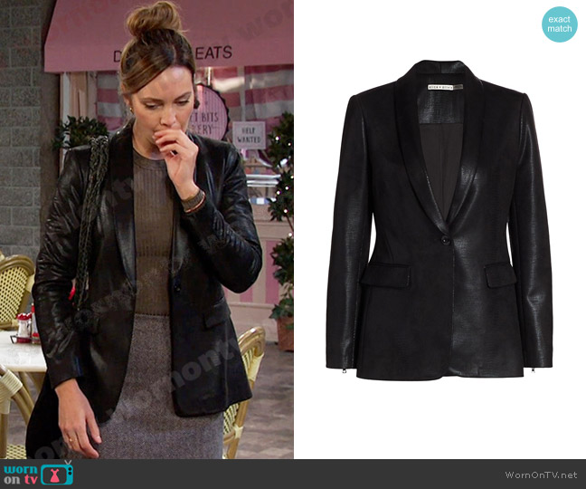 Alice + Olivia Macey Shawl Collar Vegan Leather Blazer worn by Gwen Rizczech (Emily O'Brien) on Days of our Lives