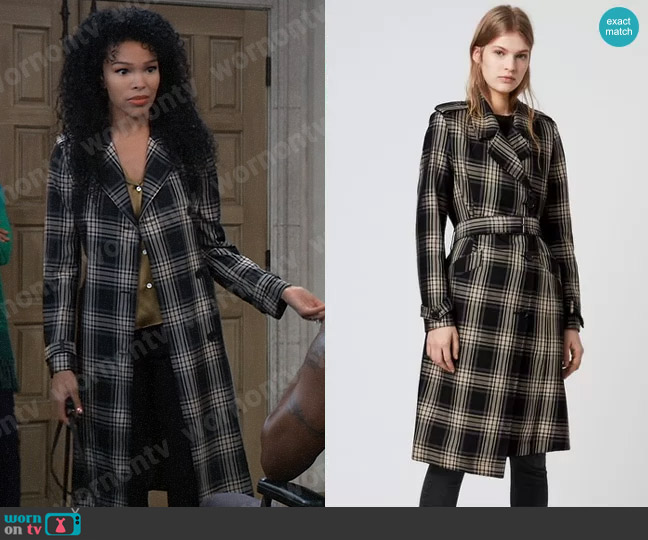 All Saints Chiara Check Trench Coat worn by Portia Robinson (Brook Kerr) on General Hospital